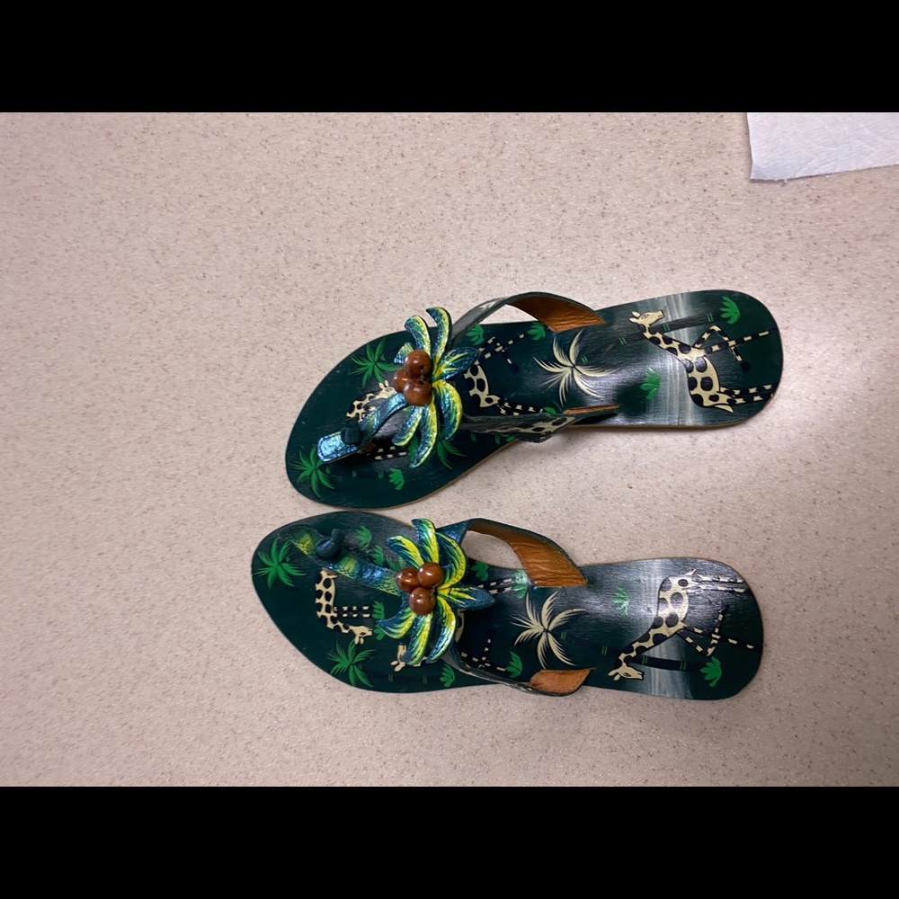 Leather painted tropical flip flops